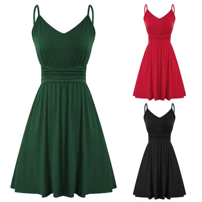 Women Dress Spaghetti Straps V-Neck Pleated Waist A-Line Dresses Solid Color Mini Cotton Dresses Leisure Sweet Clothes