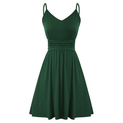 Women Dress Spaghetti Straps V-Neck Pleated Waist A-Line Dresses Solid Color Mini Cotton Dresses Leisure Sweet Clothes
