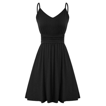 Women Dress Spaghetti Straps V-Neck Pleated Waist A-Line Dresses Solid Color Mini Cotton Dresses Leisure Sweet Clothes