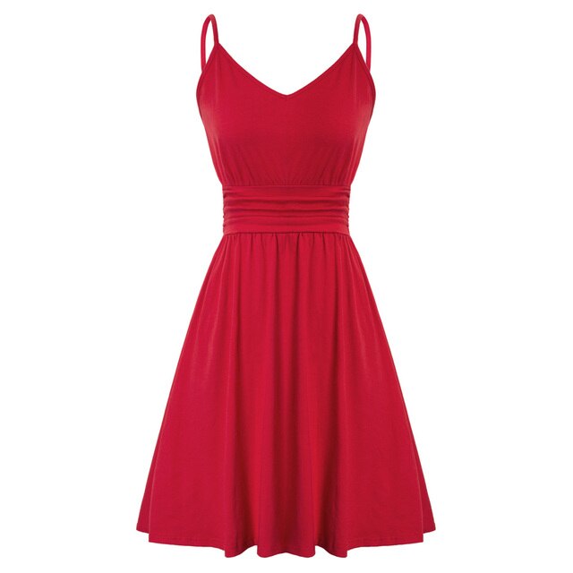 Women Dress Spaghetti Straps V-Neck Pleated Waist A-Line Dresses Solid Color Mini Cotton Dresses Leisure Sweet Clothes