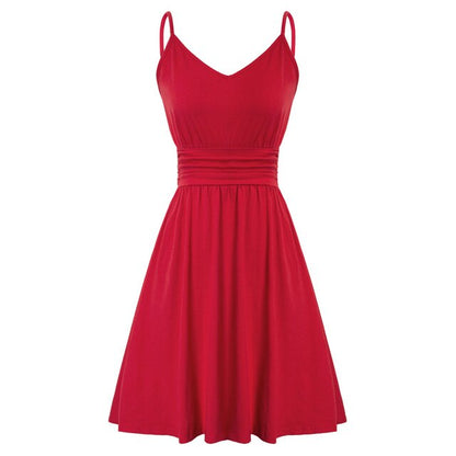 Women Dress Spaghetti Straps V-Neck Pleated Waist A-Line Dresses Solid Color Mini Cotton Dresses Leisure Sweet Clothes