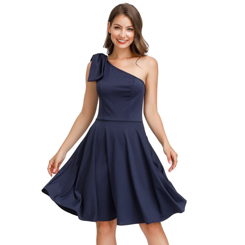 Sexy Women Bow-Knot dress Asymmetric One Shoulder Flared A-Line Dress elegant pure color knee length evening party dresses lady