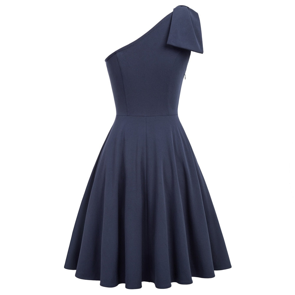 Sexy Women Bow-Knot dress Asymmetric One Shoulder Flared A-Line Dress elegant pure color knee length evening party dresses lady