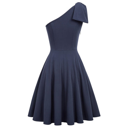 Sexy Women Bow-Knot dress Asymmetric One Shoulder Flared A-Line Dress elegant pure color knee length evening party dresses lady