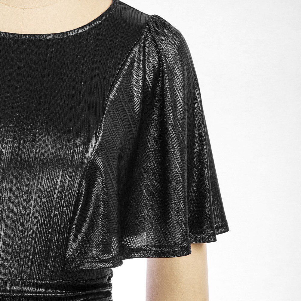 Grace Karin Party Dresses Women Metal-Like Mini Dress Short Sleeve Crew Neck Pleated Waist Ruffles Fashion Classic A-Line Dress