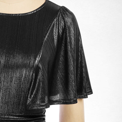 Grace Karin Party Dresses Women Metal-Like Mini Dress Short Sleeve Crew Neck Pleated Waist Ruffles Fashion Classic A-Line Dress