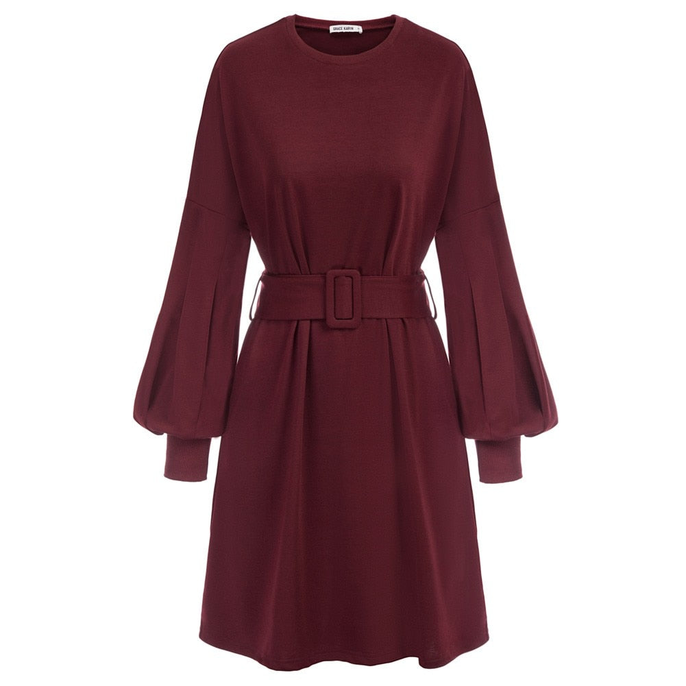 Grace Karin Summer Mini Dresses Women Belt Sashes Dress Long Lantern Sleeves Crew Neck Solid Color Retro Ladies A-Line Dress