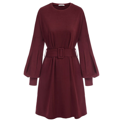 Grace Karin Summer Mini Dresses Women Belt Sashes Dress Long Lantern Sleeves Crew Neck Solid Color Retro Ladies A-Line Dress