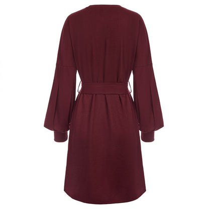 Grace Karin Summer Mini Dresses Women Belt Sashes Dress Long Lantern Sleeves Crew Neck Solid Color Retro Ladies A-Line Dress