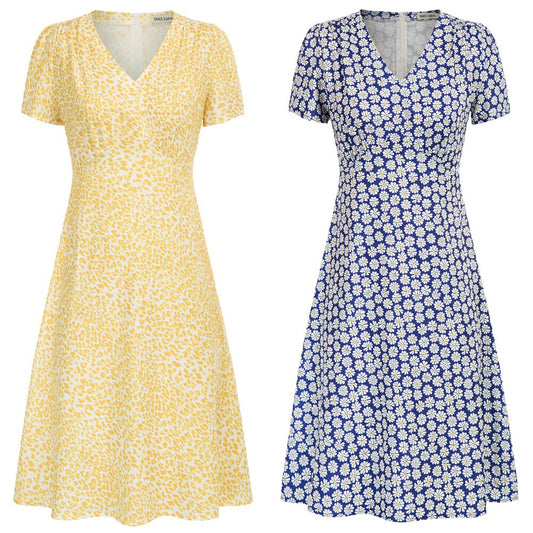 Grace Karin Casual Dresses Summer Women V-Neck Dress Short Sleeve A-Line Leopard/Daisy Pattern Beach Holiday Fashion Floral Lady