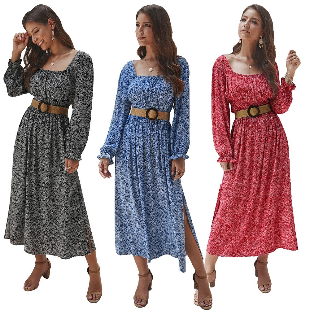 Women Side Split Dress Square Neck Long Sleeve Smock Waist Casual Party Vacation Holiday Boho Swing Print Floral Dresses Fall-2