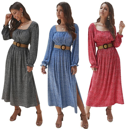 Women Side Split Dress Square Neck Long Sleeve Smock Waist Casual Party Vacation Holiday Boho Swing Print Floral Dresses Fall-2