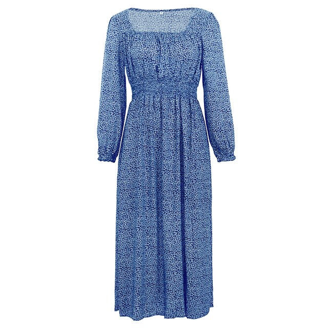 Women Side Split Dress Square Neck Long Sleeve Smock Waist Casual Party Vacation Holiday Boho Swing Print Floral Dresses Fall-4