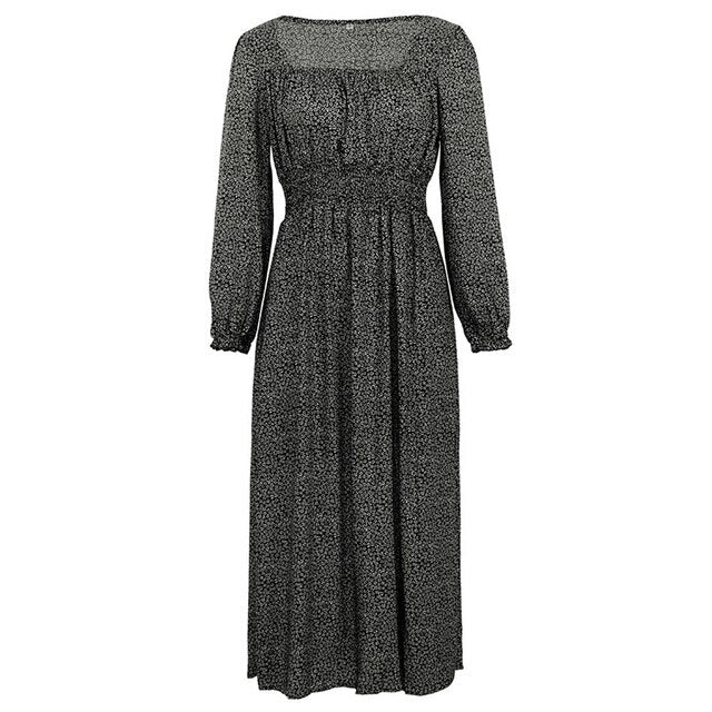 Women Side Split Dress Square Neck Long Sleeve Smock Waist Casual Party Vacation Holiday Boho Swing Print Floral Dresses Fall-6