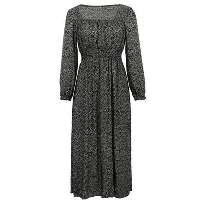 Women Side Split Dress Square Neck Long Sleeve Smock Waist Casual Party Vacation Holiday Boho Swing Print Floral Dresses Fall-6