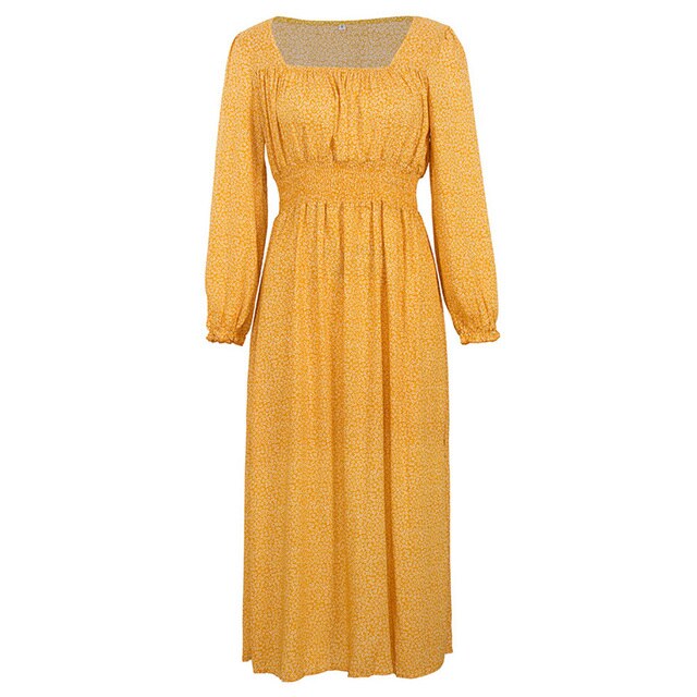 Women Side Split Dress Square Neck Long Sleeve Smock Waist Casual Party Vacation Holiday Boho Swing Print Floral Dresses Fall-5