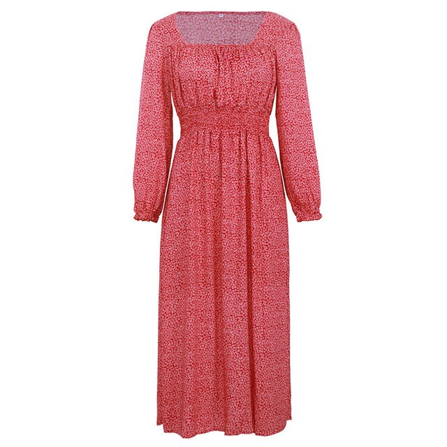 Women Side Split Dress Square Neck Long Sleeve Smock Waist Casual Party Vacation Holiday Boho Swing Print Floral Dresses Fall-3