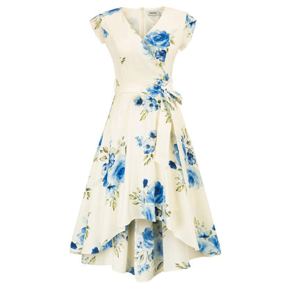 Summer Dresses Women High-Low Hem Dress Belt Decor Petal Sleeves Surplice V-Neck A-Line Swing Vacation Beach Dress Ladies Female