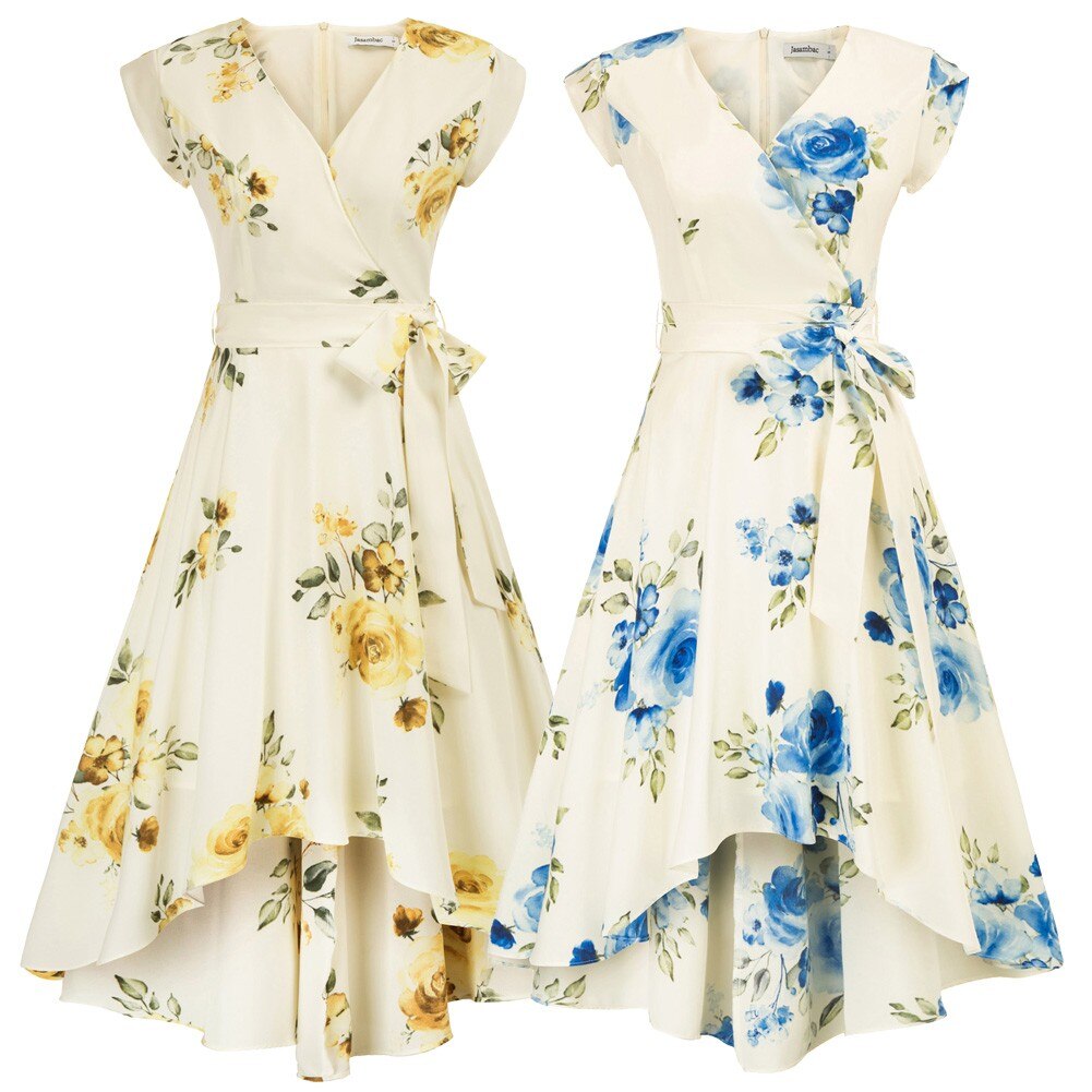 Summer Dresses Women High-Low Hem Dress Belt Decor Petal Sleeves Surplice V-Neck A-Line Swing Vacation Beach Dress Ladies Female