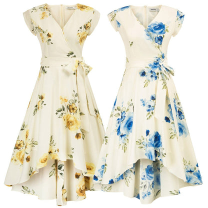 Summer Dresses Women High-Low Hem Dress Belt Decor Petal Sleeves Surplice V-Neck A-Line Swing Vacation Beach Dress Ladies Female