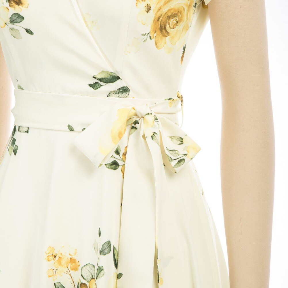 Summer Dresses Women High-Low Hem Dress Belt Decor Petal Sleeves Surplice V-Neck A-Line Swing Vacation Beach Dress Ladies Female