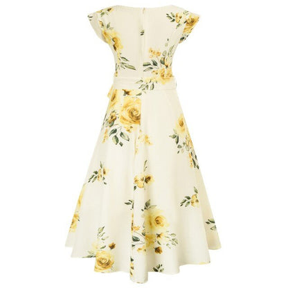 Summer Dresses Women High-Low Hem Dress Belt Decor Petal Sleeves Surplice V-Neck A-Line Swing Vacation Beach Dress Ladies Female