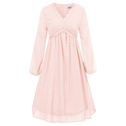 Women's Dresses Fashion V-Neck Empire Waist Swing Dress Long Sleeve Flared A-Line Summer Chiffon Mesh Lady Elegant Dresses New