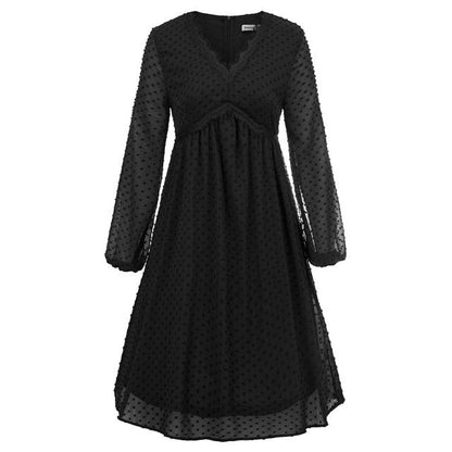 Women's Dresses Fashion V-Neck Empire Waist Swing Dress Long Sleeve Flared A-Line Summer Chiffon Mesh Lady Elegant Dresses New