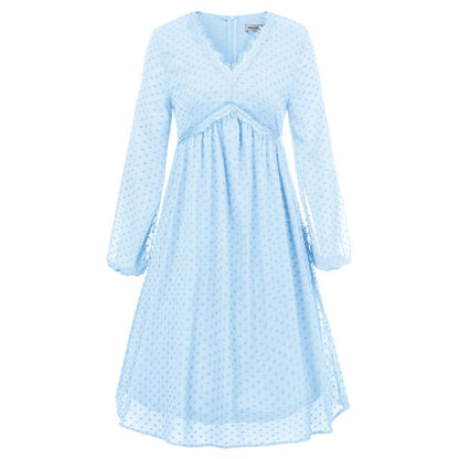 Women's Dresses Fashion V-Neck Empire Waist Swing Dress Long Sleeve Flared A-Line Summer Chiffon Mesh Lady Elegant Dresses New