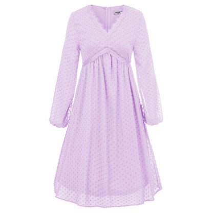 Women's Dresses Fashion V-Neck Empire Waist Swing Dress Long Sleeve Flared A-Line Summer Chiffon Mesh Lady Elegant Dresses New