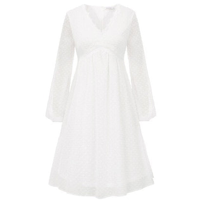 Women's Dresses Fashion V-Neck Empire Waist Swing Dress Long Sleeve Flared A-Line Summer Chiffon Mesh Lady Elegant Dresses New