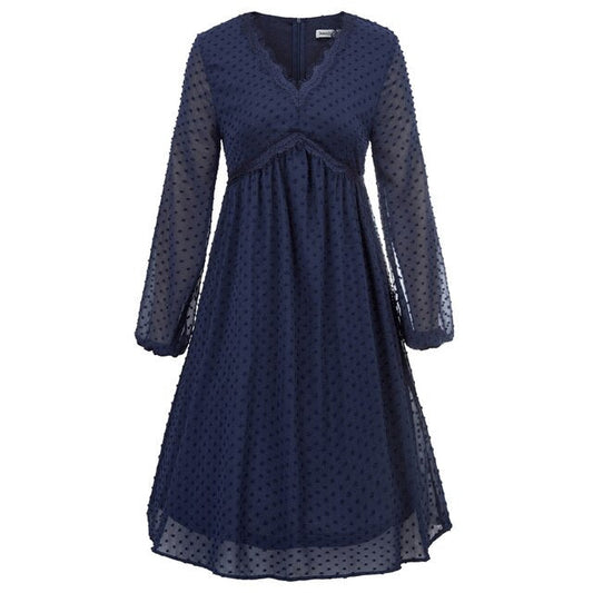 Women's Dresses Fashion V-Neck Empire Waist Swing Dress Long Sleeve Flared A-Line Summer Chiffon Mesh Lady Elegant Dresses New