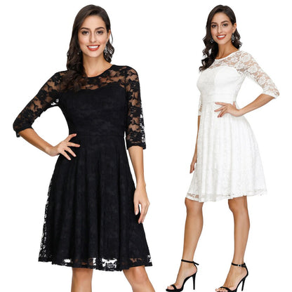 Summer Women's Dresses Floral Lace Dress Sexy 3/4 Sleeve Crew Neck V-Back A-Line Dresses Solid Elegant Retro Knee Length Female