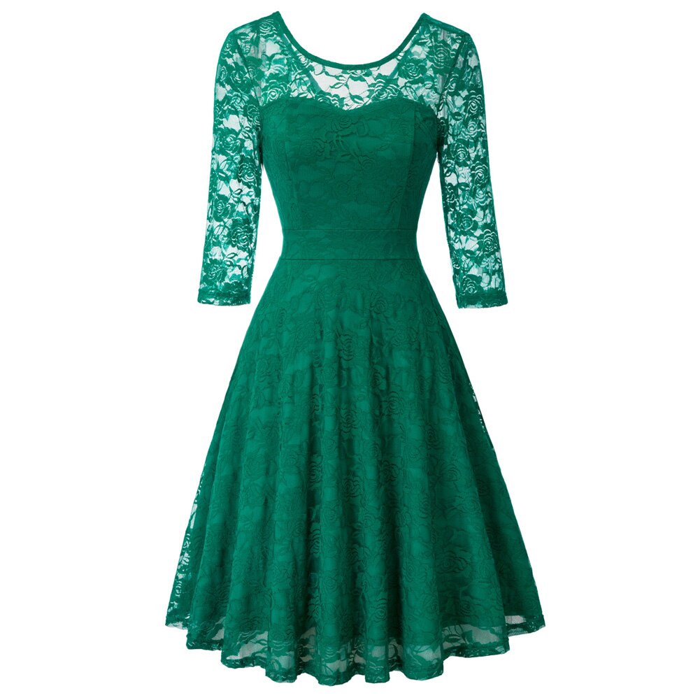 Summer Women's Dresses Floral Lace Dress Sexy 3/4 Sleeve Crew Neck V-Back A-Line Dresses Solid Elegant Retro Knee Length Female