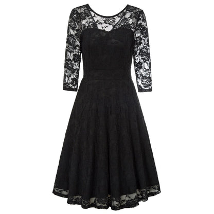 Summer Women's Dresses Floral Lace Dress Sexy 3/4 Sleeve Crew Neck V-Back A-Line Dresses Solid Elegant Retro Knee Length Female