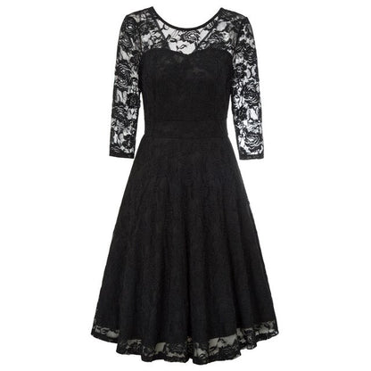 Summer Women's Dresses Floral Lace Dress Sexy 3/4 Sleeve Crew Neck V-Back A-Line Dresses Solid Elegant Retro Knee Length Female