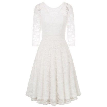 Summer Women's Dresses Floral Lace Dress Sexy 3/4 Sleeve Crew Neck V-Back A-Line Dresses Solid Elegant Retro Knee Length Female