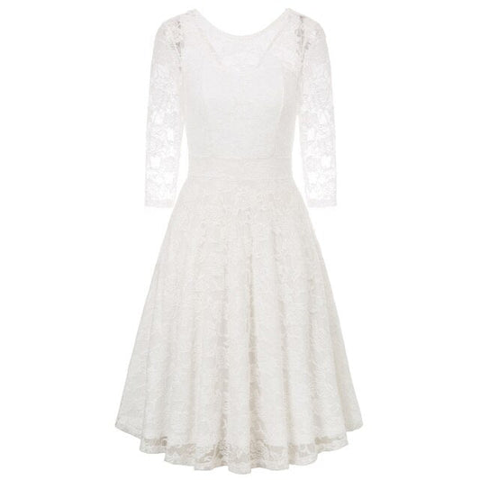 Summer Women's Dresses Floral Lace Dress Sexy 3/4 Sleeve Crew Neck V-Back A-Line Dresses Solid Elegant Retro Knee Length Female