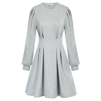Women Fashion Crew Neck Midi Dress Pleated Solid Color Casual Long Sleeve Female Pull-on A-Line Dresses