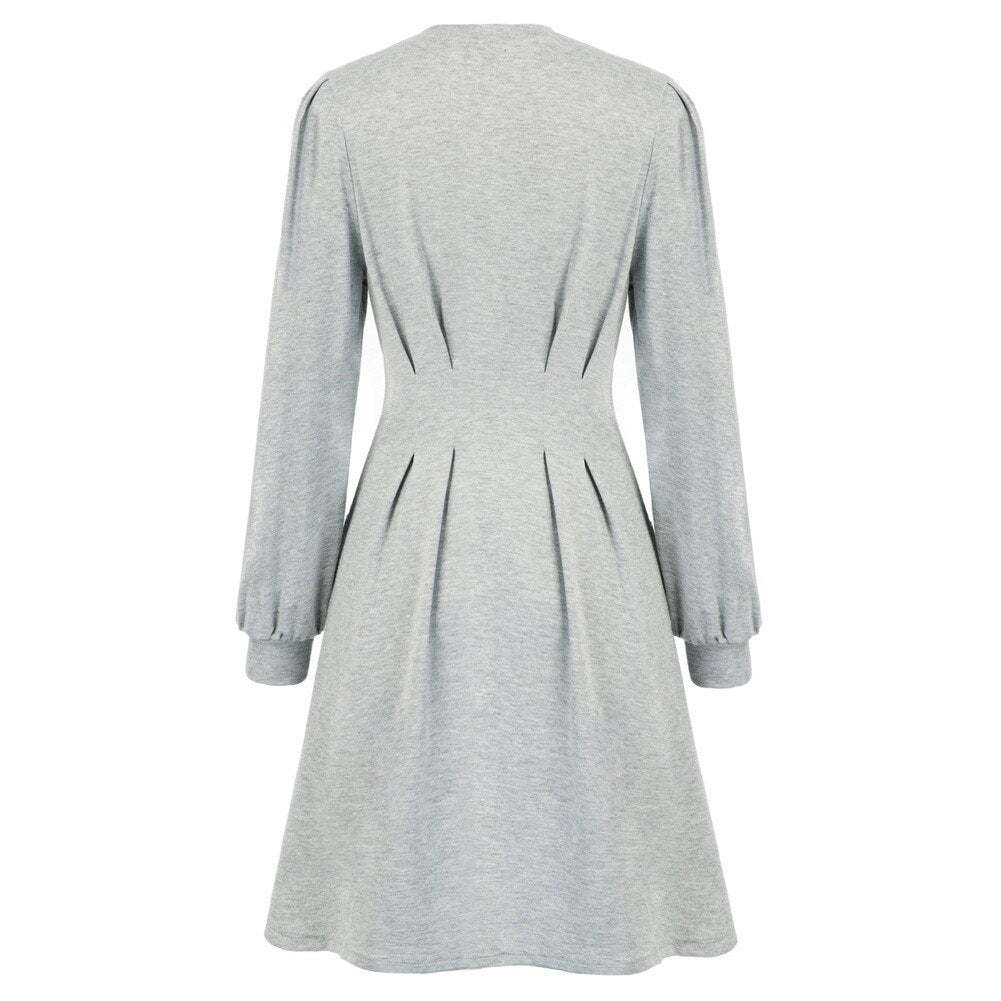 Women Fashion Crew Neck Midi Dress Pleated Solid Color Casual Long Sleeve Female Pull-on A-Line Dresses