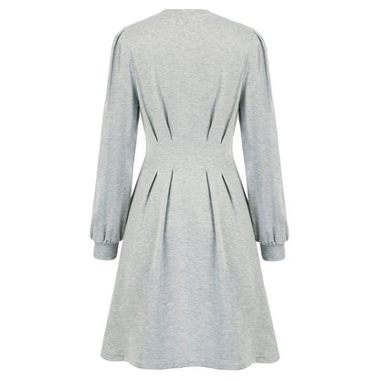 Women Fashion Crew Neck Midi Dress Pleated Solid Color Casual Long Sleeve Female Pull-on A-Line Dresses