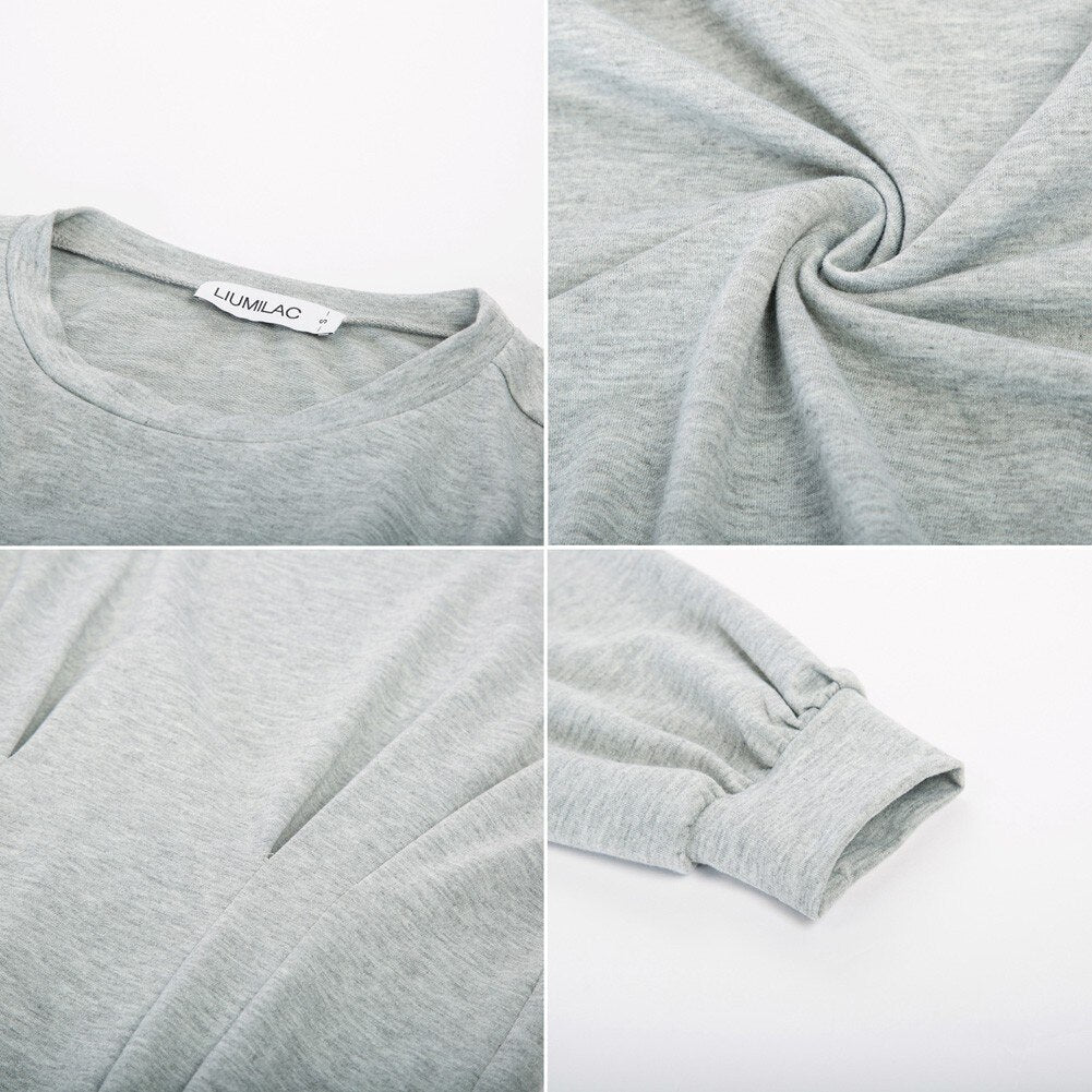 Women Fashion Crew Neck Midi Dress Pleated Solid Color Casual Long Sleeve Female Pull-on A-Line Dresses