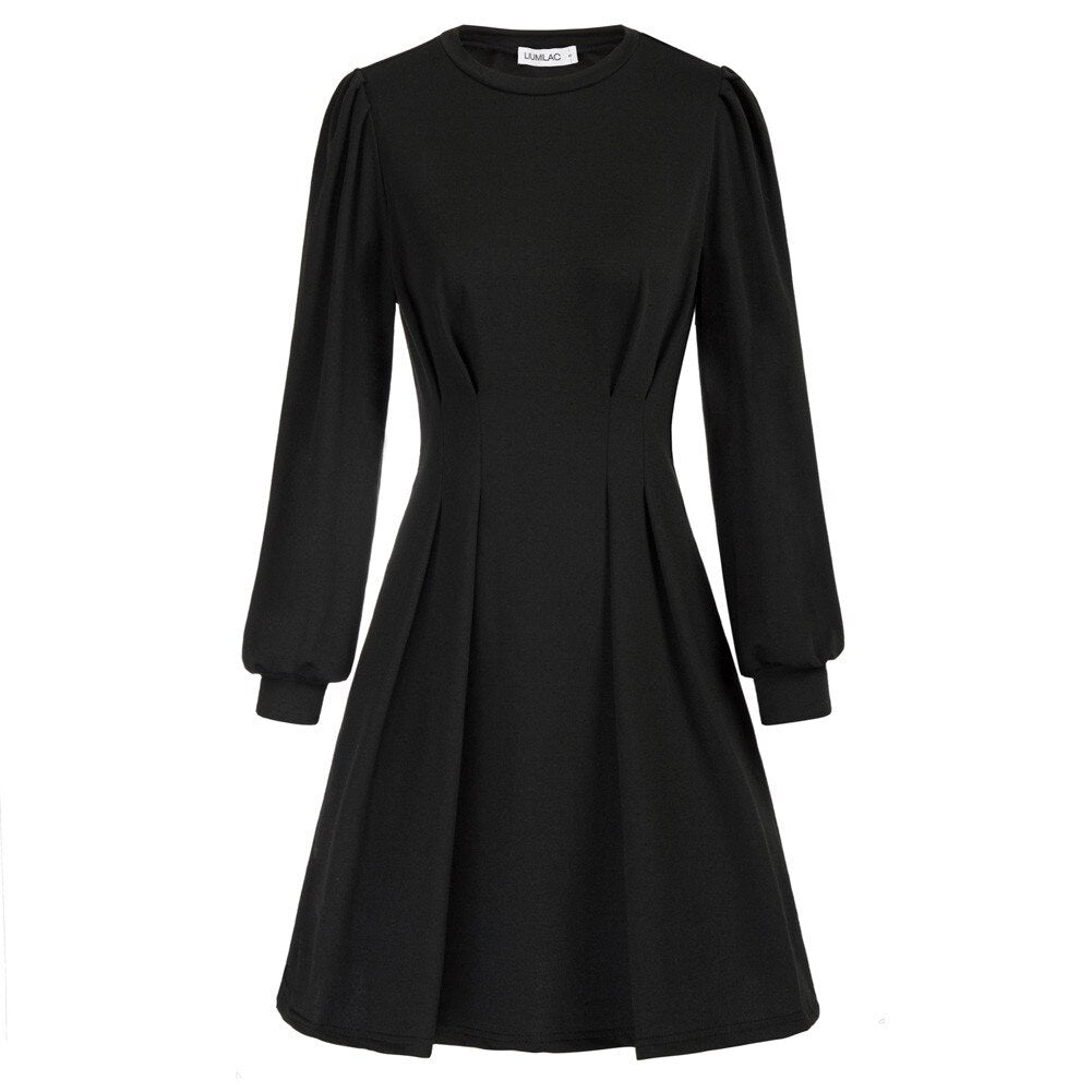 Women Fashion Crew Neck Midi Dress Pleated Solid Color Casual Long Sleeve Female Pull-on A-Line Dresses