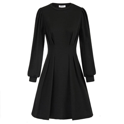 Women Fashion Crew Neck Midi Dress Pleated Solid Color Casual Long Sleeve Female Pull-on A-Line Dresses