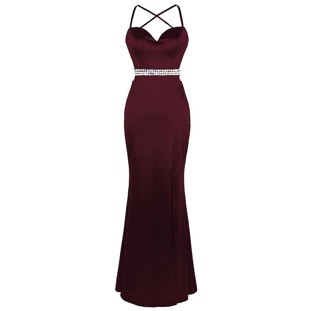 Women's Spaghetti Strap Hollow Out Beading Evening Dresses Backless Luxury Birthday Party Gown Wine Red
