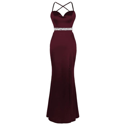 Women's Spaghetti Strap Hollow Out Beading Evening Dresses Backless Luxury Birthday Party Gown Wine Red