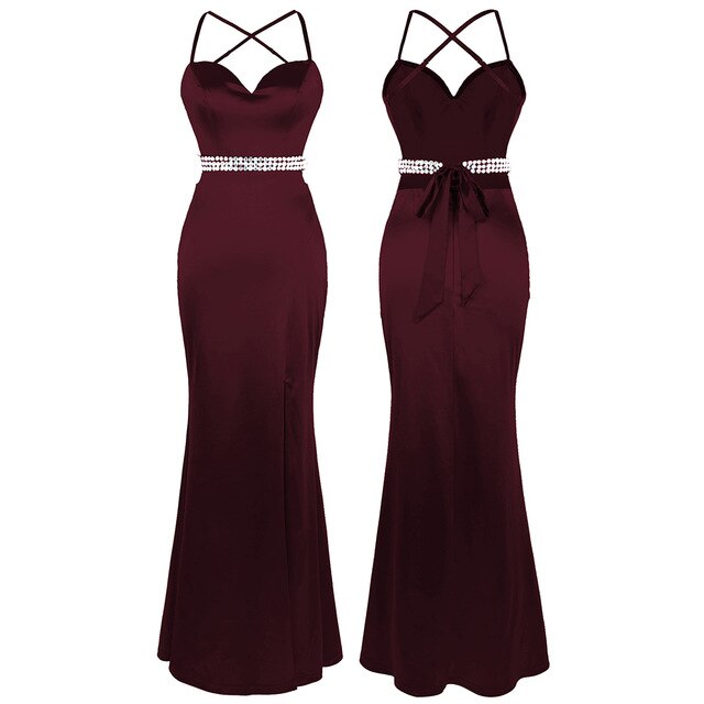 Women's Spaghetti Strap Hollow Out Beading Evening Dresses Backless Luxury Birthday Party Gown Wine Red