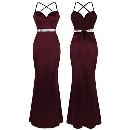 Women's Spaghetti Strap Hollow Out Beading Evening Dresses Backless Luxury Birthday Party Gown Wine Red